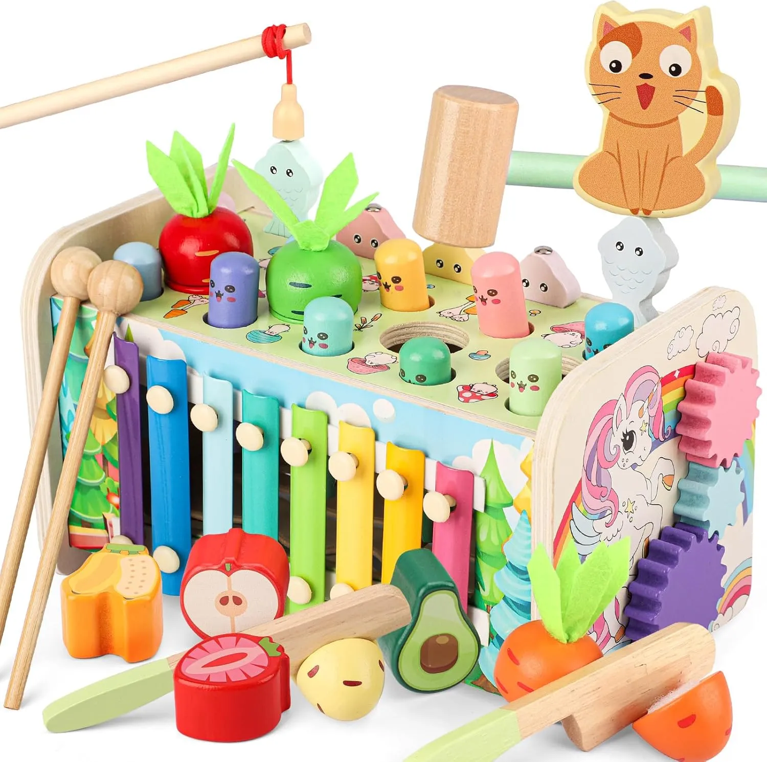 10 in 1 Montessori Toys for Toddlers, Wooden Hammering Pounding Toy with Whack A Mole Game, Xylophone, Fishing and Fruit Recognition Baby Brithday for Toddlers