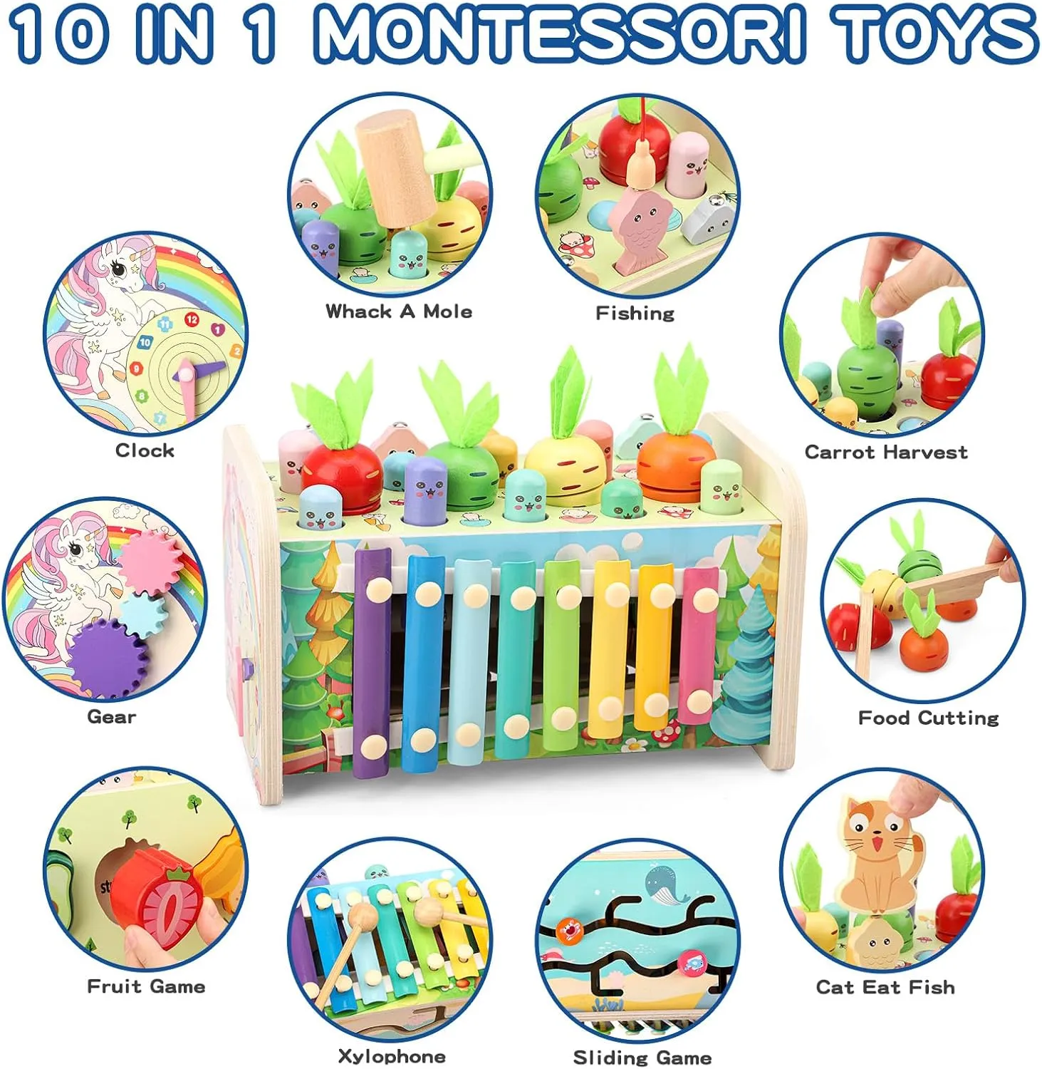 10 in 1 Montessori Toys for Toddlers, Wooden Hammering Pounding Toy with Whack A Mole Game, Xylophone, Fishing and Fruit Recognition Baby Brithday for Toddlers