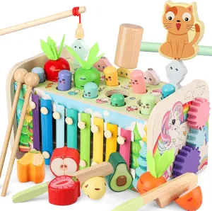 10 in 1 Montessori Toys for Toddlers, Wooden Hammering Pounding Toy with Whack A Mole Game, Xylophone, Fishing and Fruit Recognition Baby Brithday for Toddlers