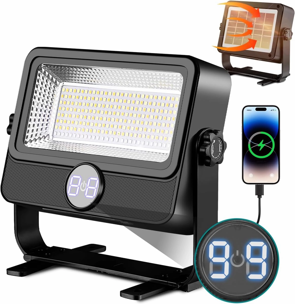 100W LED Work Light Rechargeable with Stand, Rechargeable Outdoor Light Solar Camping Lights with Magnetic, 4 Modes, Waterproof Portable Flood Light for Emergency, Repair, Camping