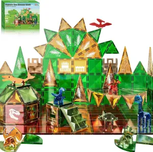 102PCS Dinosaur Magnetic Tiles with 8 Figures Gifts for 3  Boys and Girls, Dino World STEM Magnet Toys for Toddlers, Building Blocks Preschool Learning Sensory Toys for Kids Age 3-5 4-8