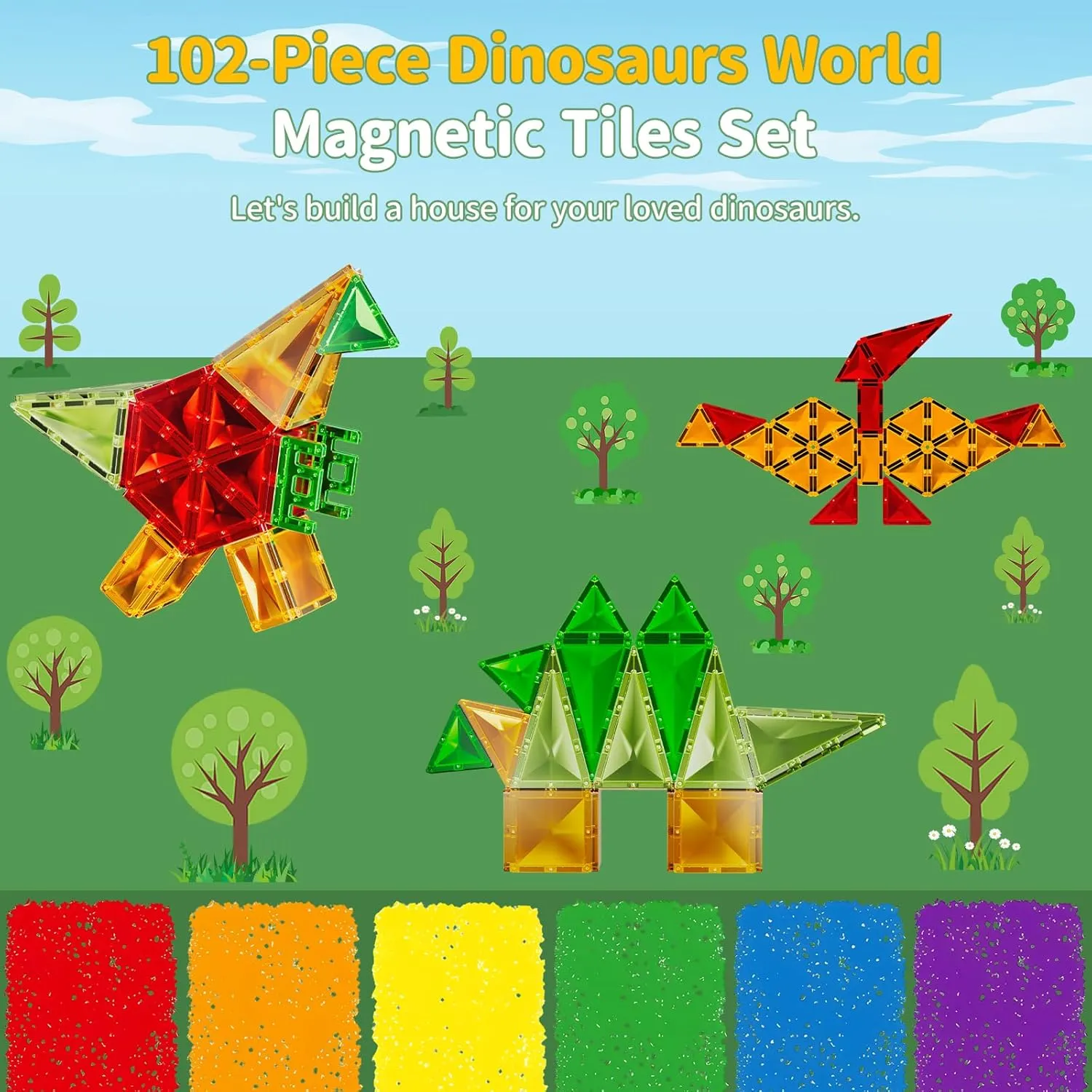 102PCS Dinosaur Magnetic Tiles with 8 Figures Gifts for 3  Boys and Girls, Dino World STEM Magnet Toys for Toddlers, Building Blocks Preschool Learning Sensory Toys for Kids Age 3-5 4-8