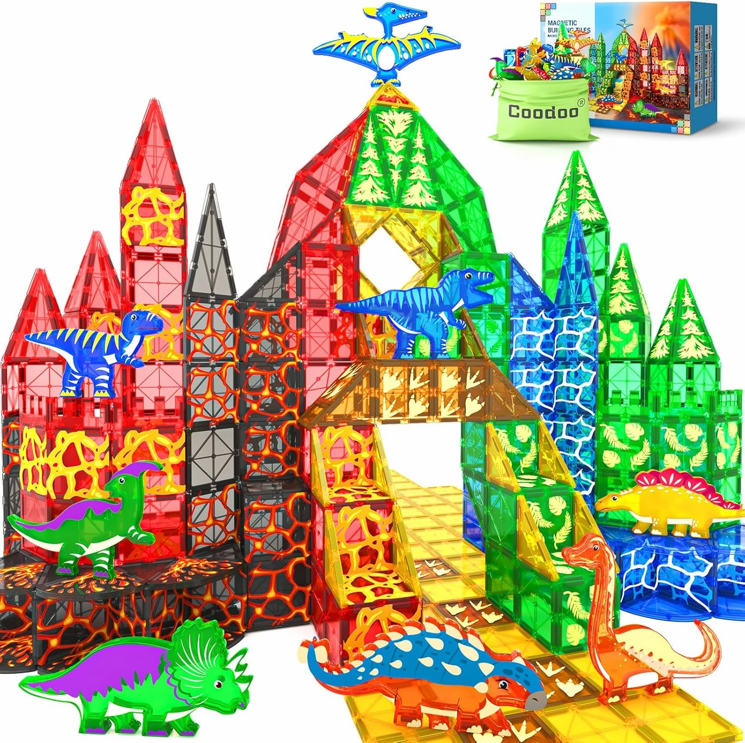 102PCS Dinosaur Toys Magnetic Tiles with 8 Dinosaurs for Kids 3-5 5-7, Jurassic Scenes Dinosaur World Set, Magnetic Blocks Kids Sensory Toys for Boys & Girls Ages 3 , Classroom Must Haves