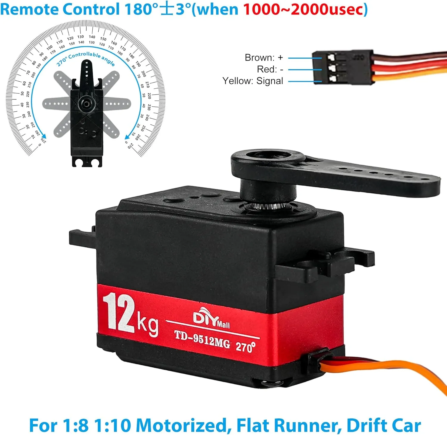 12kg Low Profile Servo 270 Degree 1000-200ues TD-9512 RC Digital Short Body Servo Waterproof Full Metal Gear High Speed for 1/8 1/10 RC Drift Car Helicopter Tail Robot