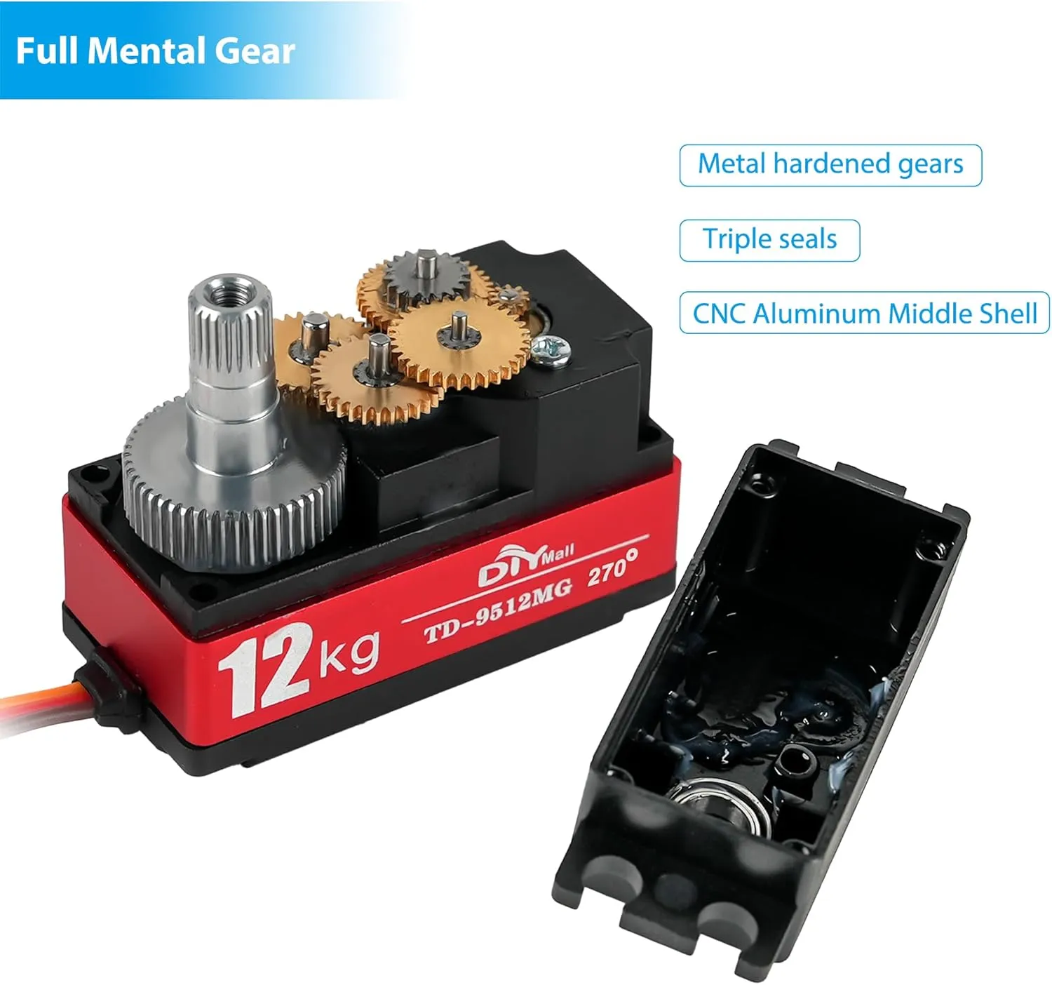 12kg Low Profile Servo 270 Degree 1000-200ues TD-9512 RC Digital Short Body Servo Waterproof Full Metal Gear High Speed for 1/8 1/10 RC Drift Car Helicopter Tail Robot