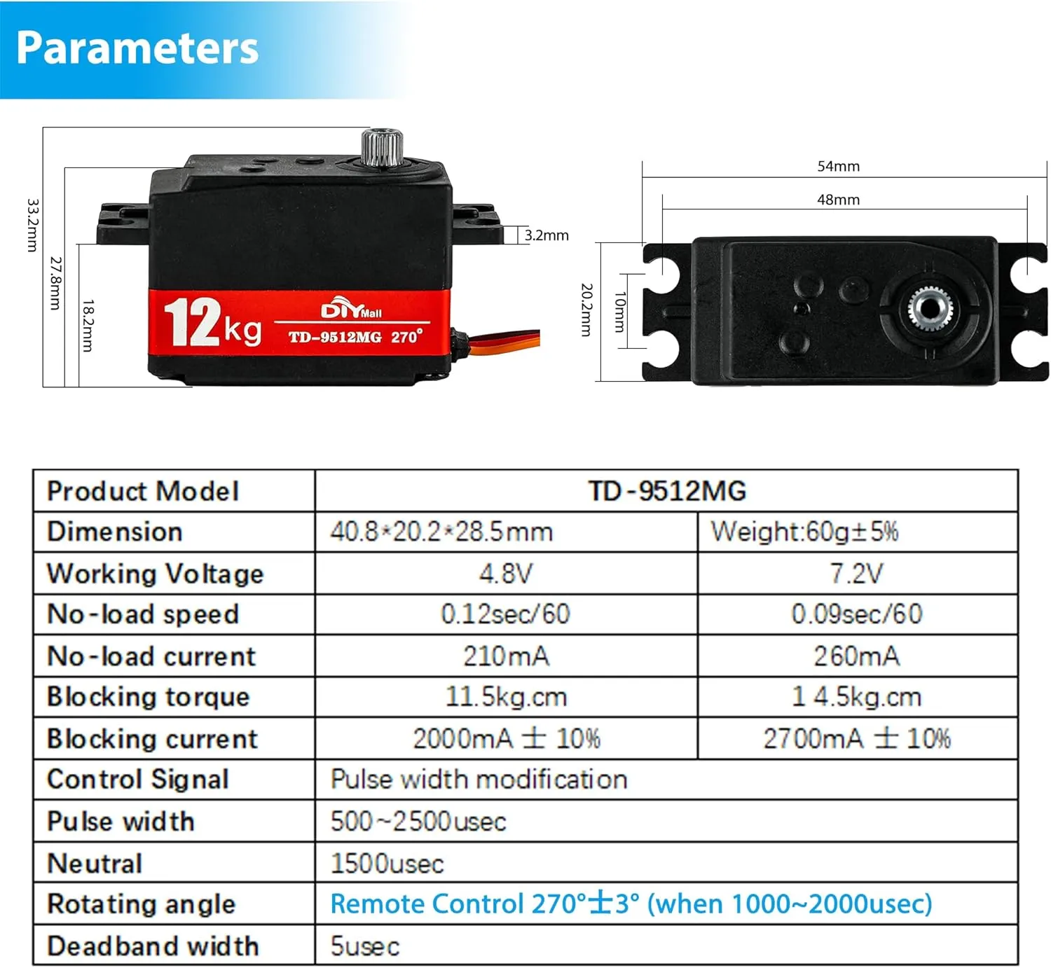 12kg Low Profile Servo 270 Degree 1000-200ues TD-9512 RC Digital Short Body Servo Waterproof Full Metal Gear High Speed for 1/8 1/10 RC Drift Car Helicopter Tail Robot
