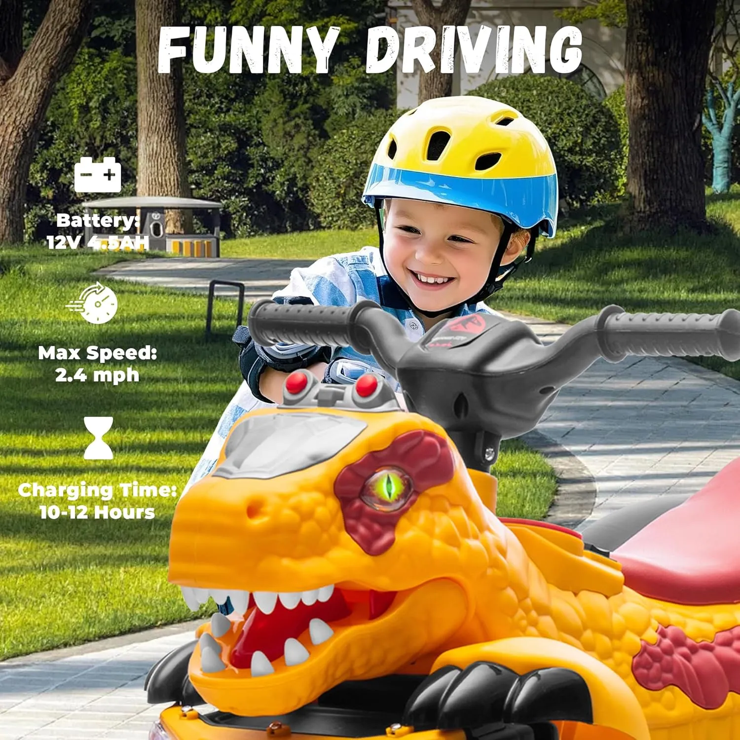 12V ATV Electric Ride on Car, Dinosaur Battery Electric Car for Kids with Music, Cool Light, Microphone Interface Kids Ride On Toy Ankylosauria Yellow