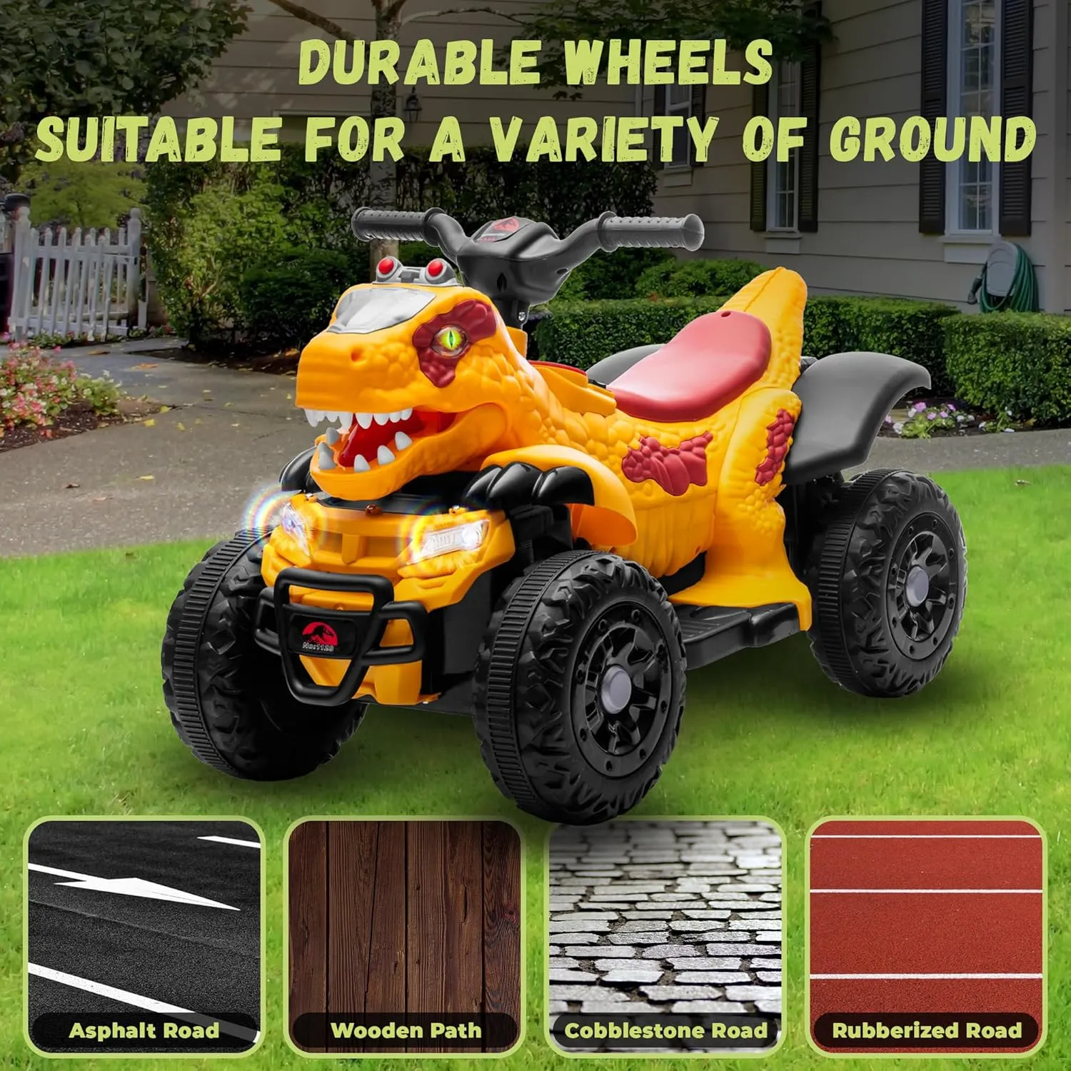 12V ATV Electric Ride on Car, Dinosaur Battery Electric Car for Kids with Music, Cool Light, Microphone Interface Kids Ride On Toy Ankylosauria Yellow