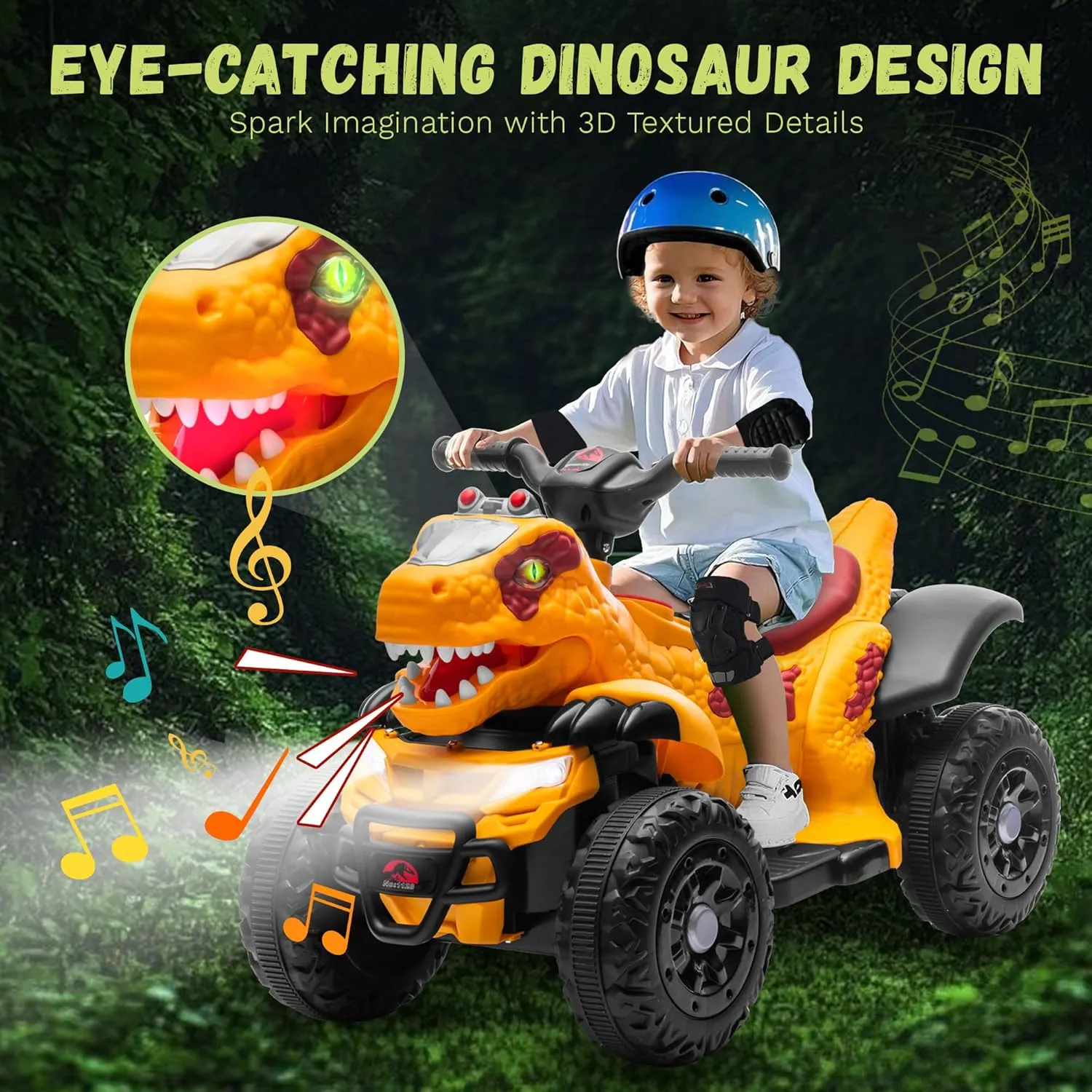12V ATV Electric Ride on Car, Dinosaur Battery Electric Car for Kids with Music, Cool Light, Microphone Interface Kids Ride On Toy Ankylosauria Yellow