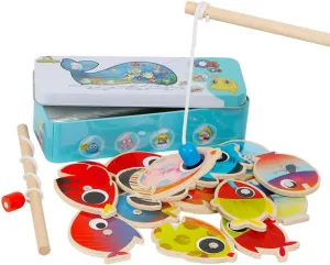 14 Fishes   2 Fishing Rods Wooden Children Toys Fish Magnetic Pesca Play Fishing Game Tin Box Kids Educational Toy Boys Girl Gift