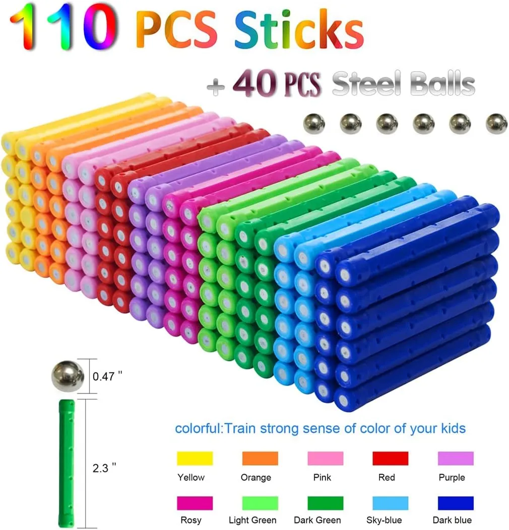 160pcs Magnetic Building Blocks Toys, 2.3" Magnetic Sticks and Non-Magnetic Balls Set Magnet Game for Kids and Adult, 3D STEM Building Toys with Storage Bag