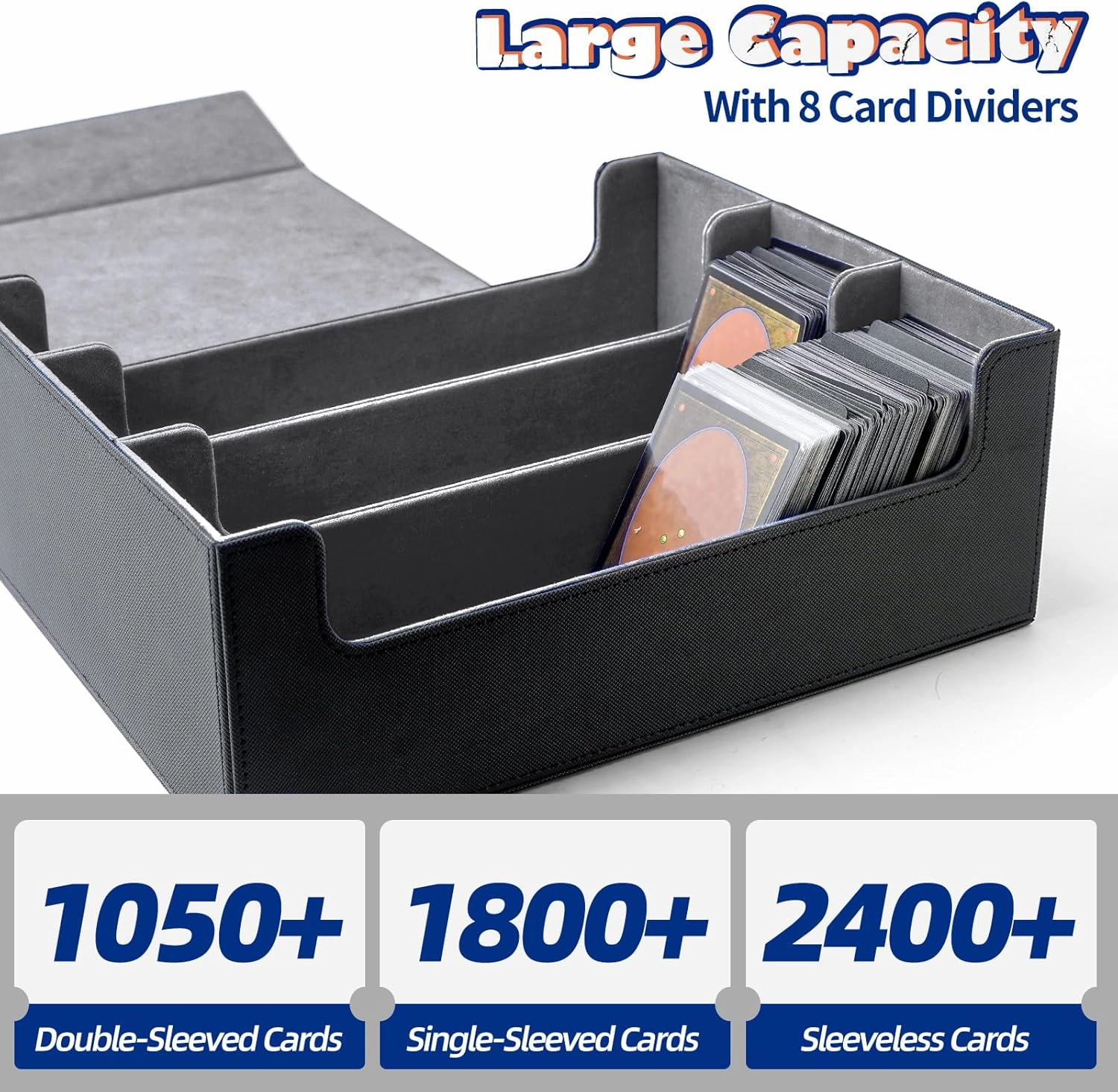 1800  Card Deck Box for MTG, YGO, PTCG, Large Trading Card Storage Case with Magnetic Closure & 8 Dividers, TCG Card Holder for Collectors - Black & Grey