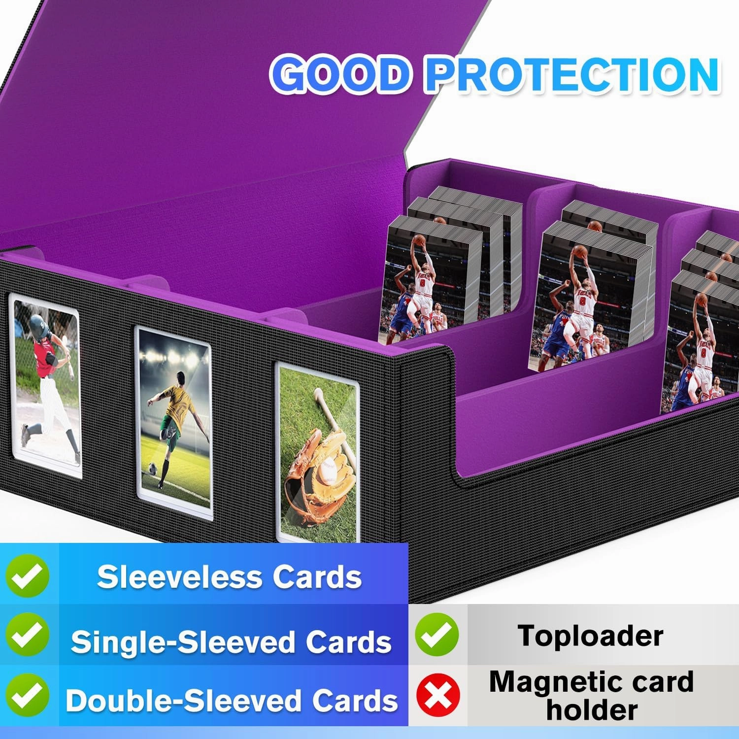 1800  Trading Card Storage Box, Magnetic Closure Toploaders Storage Box Hold 600  35PT 3"x4" Standard Toploaders, PU Leather Card Deck Boxes Fit for MTG,Sport Cards,Game Cards Black&Purple