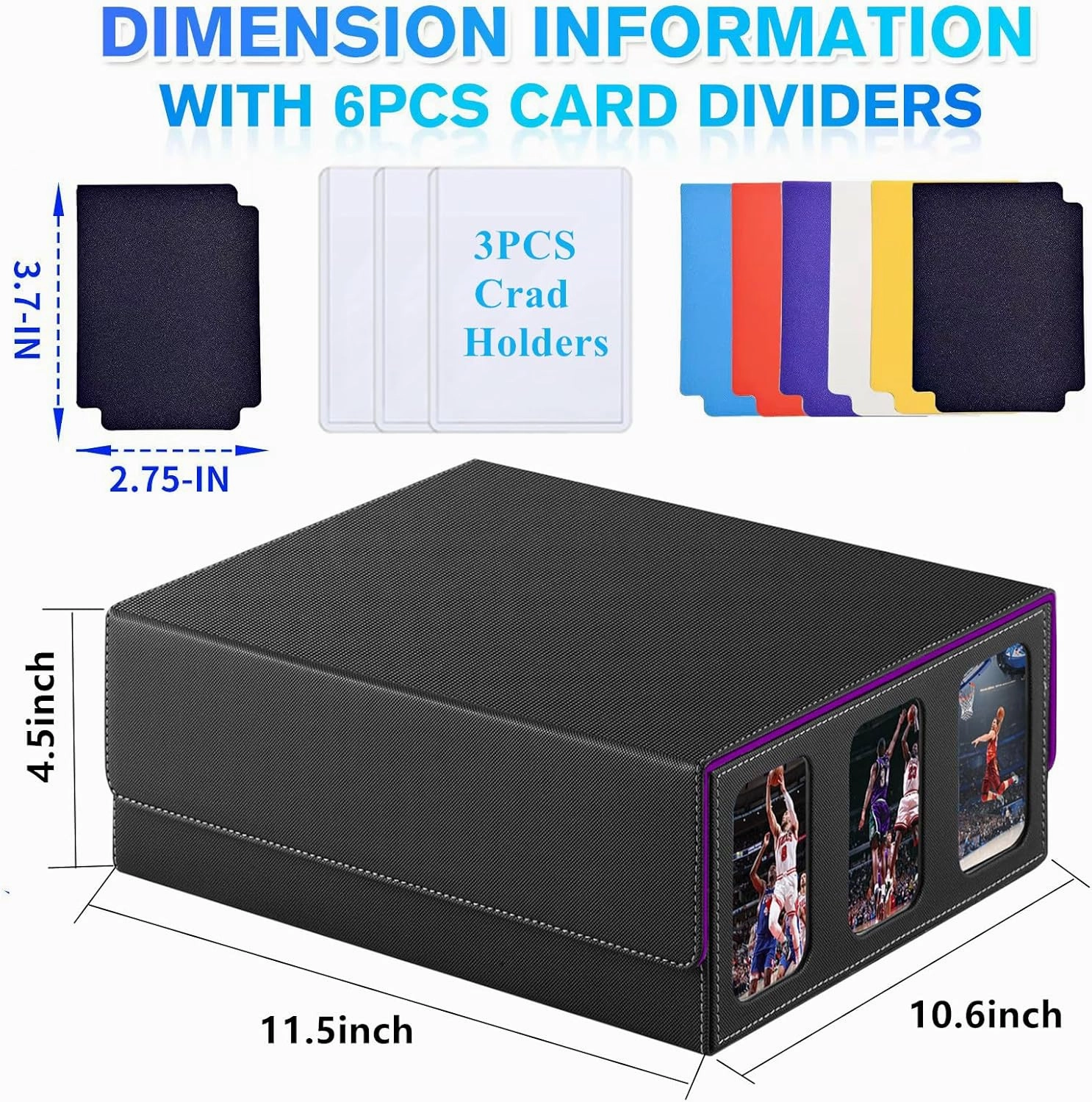 1800  Trading Card Storage Box, Magnetic Closure Toploaders Storage Box Hold 600  35PT 3"x4" Standard Toploaders, PU Leather Card Deck Boxes Fit for MTG,Sport Cards,Game Cards Black&Purple