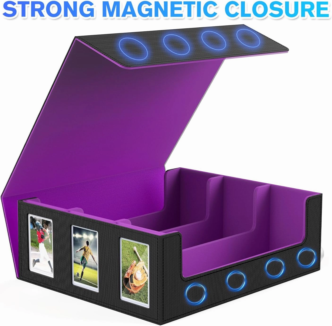 1800  Trading Card Storage Box, Magnetic Closure Toploaders Storage Box Hold 600  35PT 3"x4" Standard Toploaders, PU Leather Card Deck Boxes Fit for MTG,Sport Cards,Game Cards Black&Purple