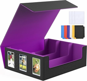 1800  Trading Card Storage Box, Magnetic Closure Toploaders Storage Box Hold 600  35PT 3"x4" Standard Toploaders, PU Leather Card Deck Boxes Fit for MTG,Sport Cards,Game Cards Black&Purple