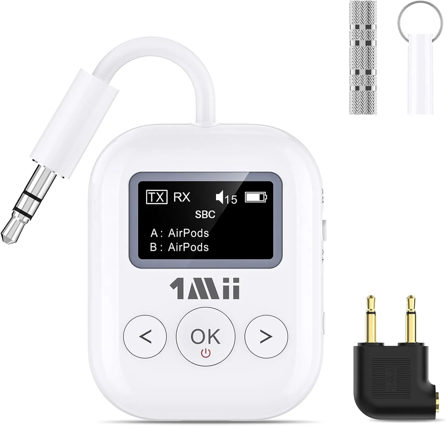 1Mii SafeFly Min  Bluetooth Transmitter and Receiver,Bluetooth Adapter for Airplane, Supports to 2 AirPods/Headphones,Use with Any 3.5mm Jack on Airplanes, Gym, TVs, Car, Home, Boat(White)