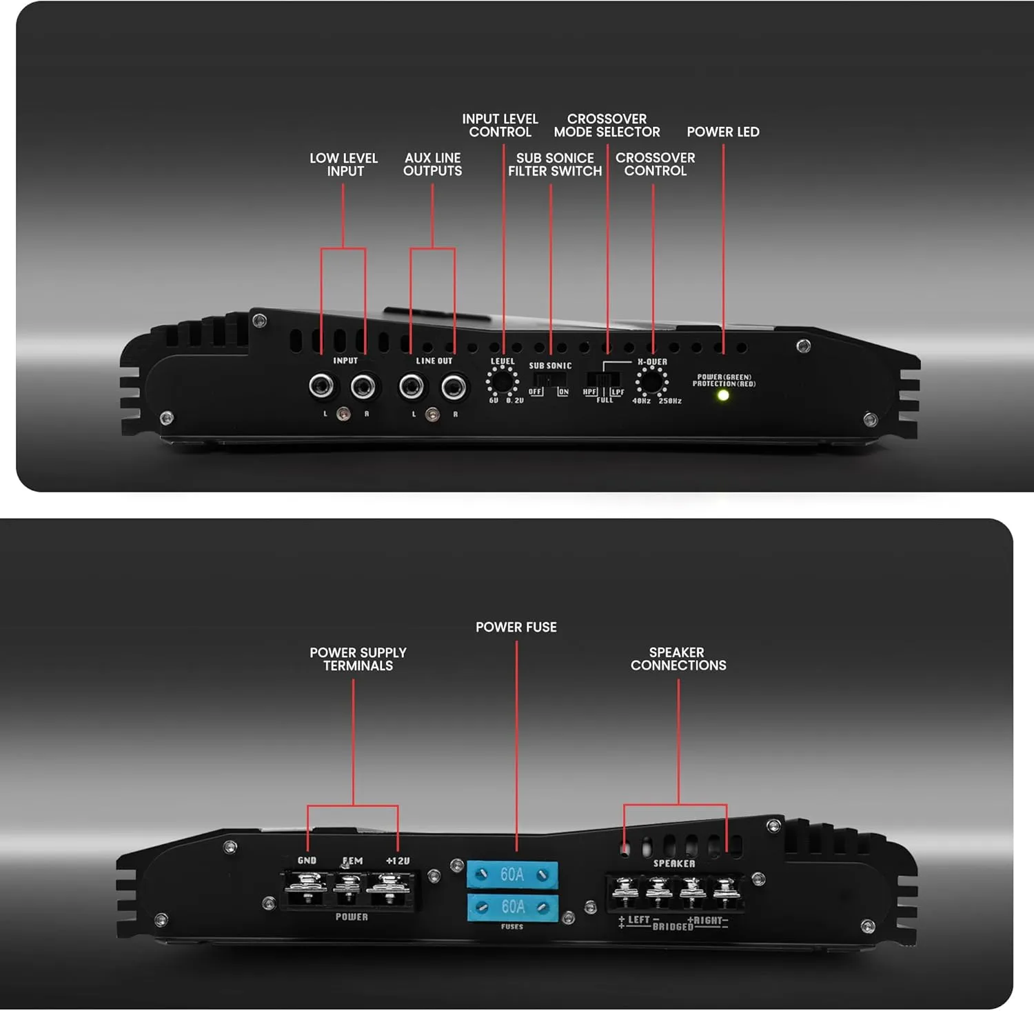 2-Channel High Power MOSFET Amplifier - Slim 6000 Watt Bridgeable Mono Stereo 2 Channel Car Audio Amplifier w/Crossover Frequency and Bass Boost Control, RCA Input and Line Output - Lanzar VCT2610