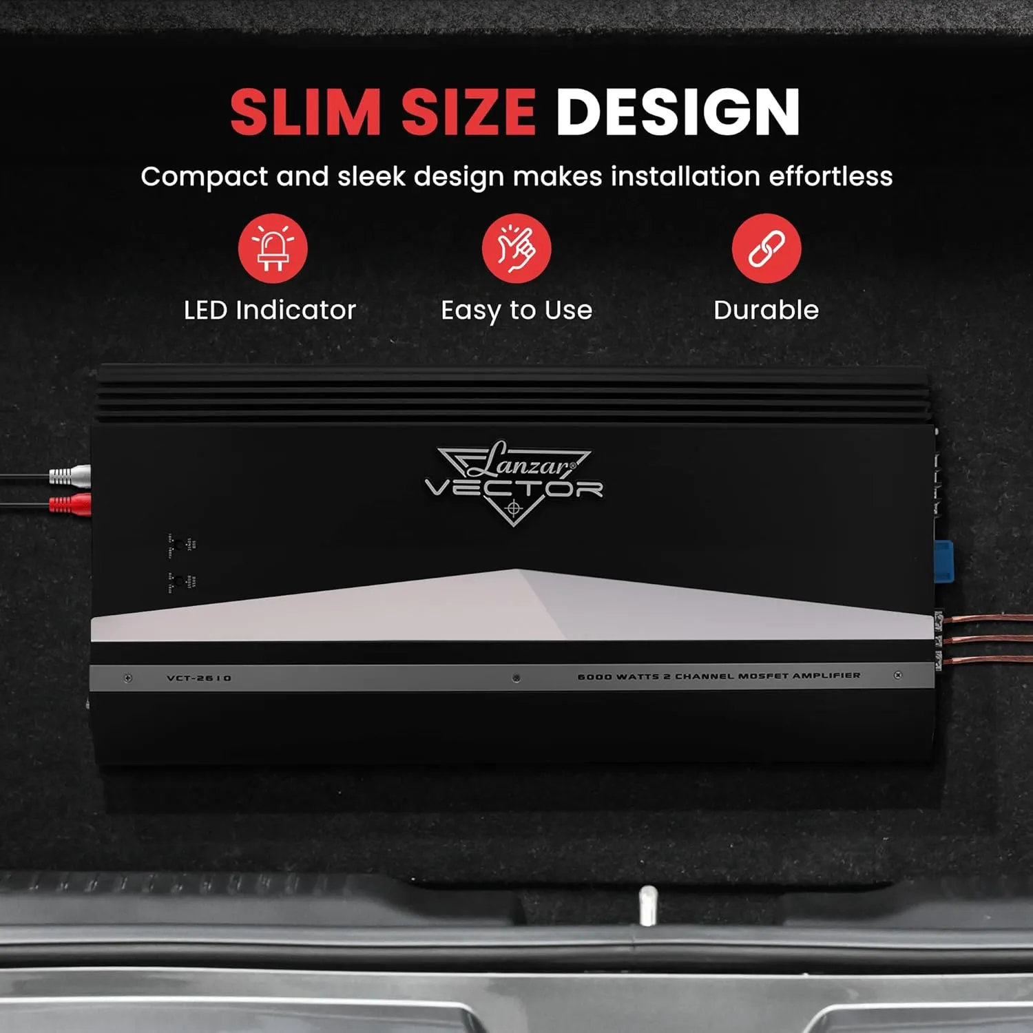 2-Channel High Power MOSFET Amplifier - Slim 6000 Watt Bridgeable Mono Stereo 2 Channel Car Audio Amplifier w/Crossover Frequency and Bass Boost Control, RCA Input and Line Output - Lanzar VCT2610