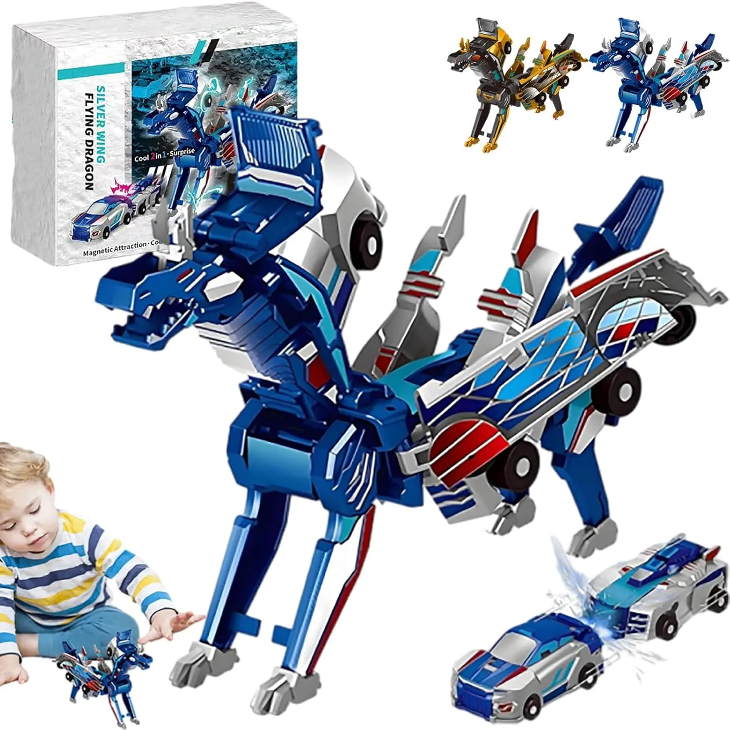 2 in 1 Collision Transforming Dinosaur Car Toy, 2025 New Hotfree Magnetic Dinosaur Transformer Car, Transform into Dinosaurs, Fun Collision Transforming Cars for Boys & Girls Party Favors (Blue)