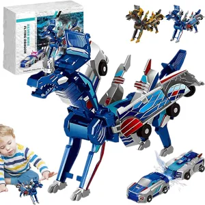 2 in 1 Collision Transforming Dinosaur Car Toy, 2025 New Hotfree Magnetic Dinosaur Transformer Car, Transform into Dinosaurs, Fun Collision Transforming Cars for Boys & Girls Party Favors (Blue)