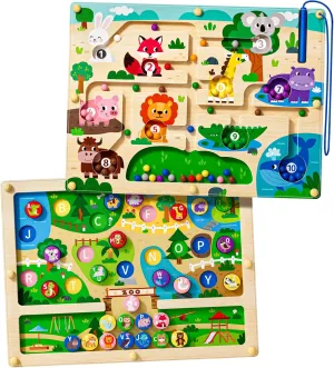 2 in 1 Magnetic Color and Number Maze Magnet Alphabet Counting Dinosaur Double Sided Board Wood Puzzle Fine Motor Skills Montessori Preschool Toys Gifts for Boys and Girls 3-5 Age (Zoo, One Size)