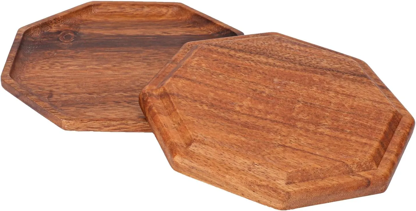 2 Pack 8 Inch Octagon Acacia Wood Serving Tray - Modern, Durable, Multipurpose Charcuterie Tray for Parties and Gatherings