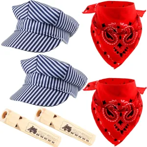 2 Set Kids Train Conductor Dress Up Kit Train Conductor Cap Paisley Bandanna Wooden Whistle for Halloween Party Career Day Pretend Cosplay