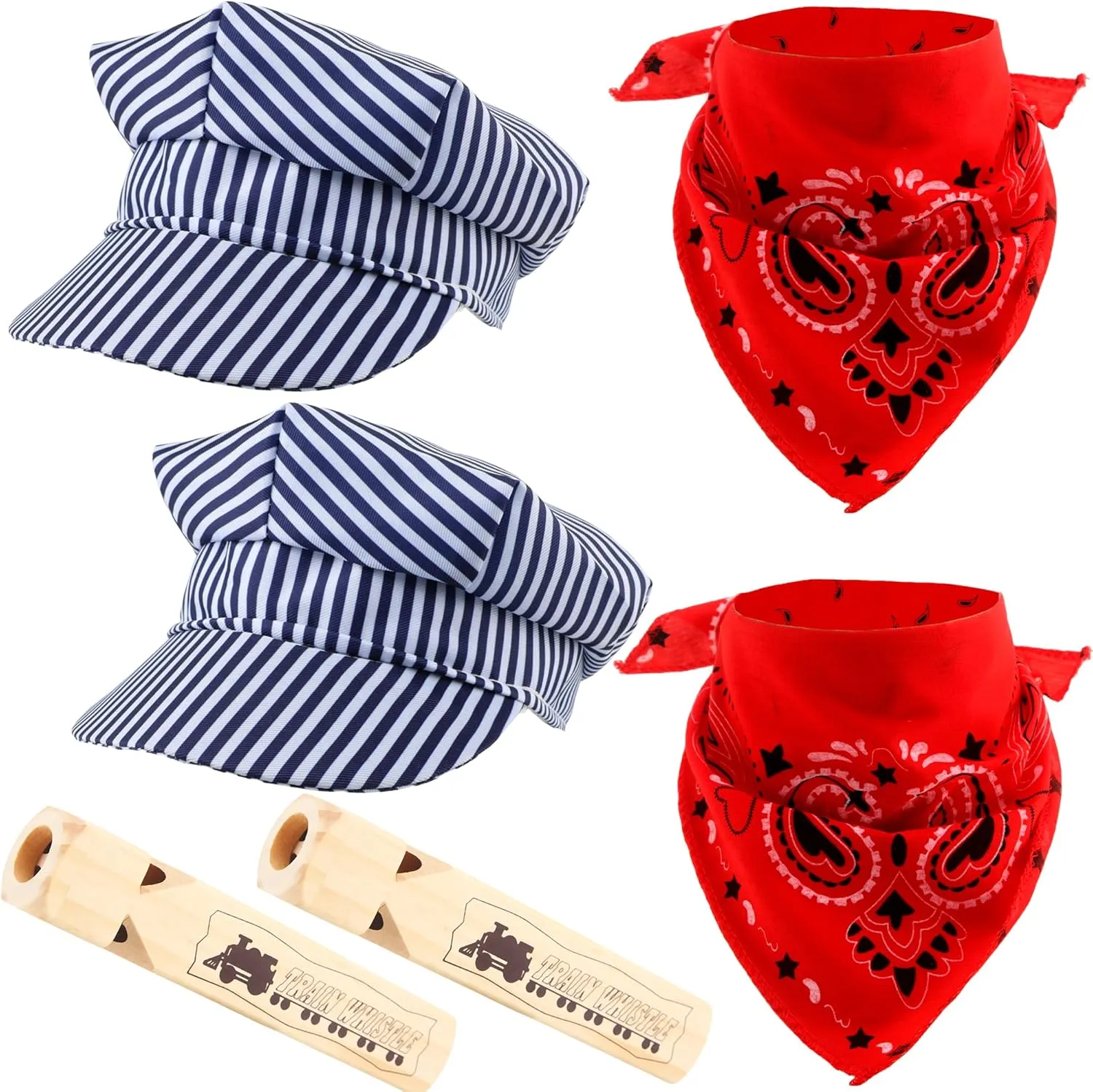2 Set Kids Train Conductor Dress Up Kit Train Conductor Cap Paisley Bandanna Wooden Whistle for Halloween Party Career Day Pretend Cosplay