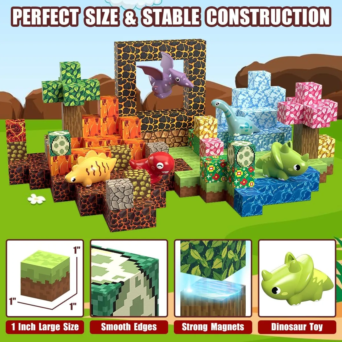 205Pcs Dinosaur Toys Magnetic Blocks Build 3D Dinosaur World Jurassic Scenes, 1" Magnetic Building Blocks Magnet Cubes Tiles for Toddler Boys Girls 3 , STEM Sensory Building Toys Games