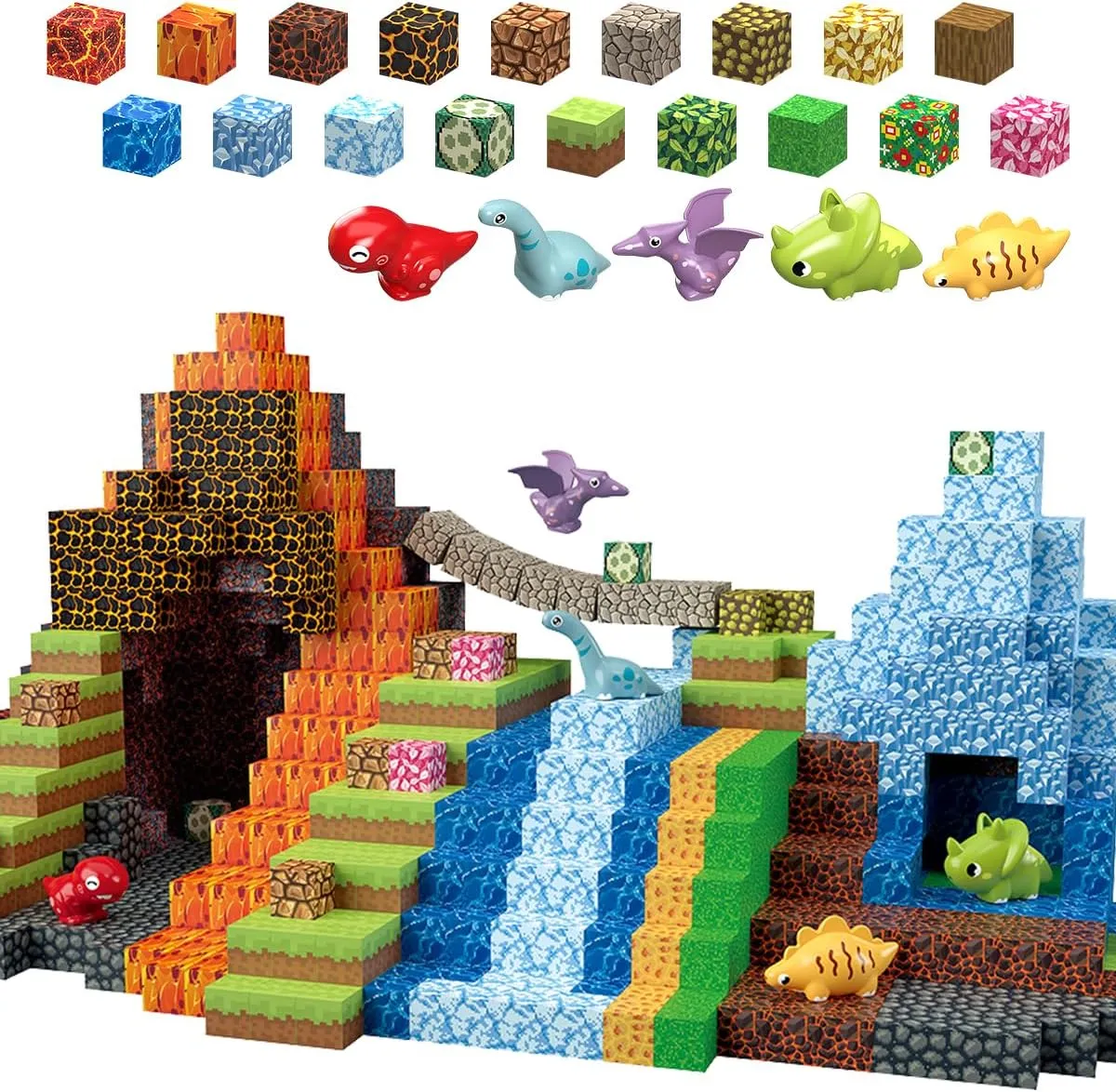 205Pcs Dinosaur Toys Magnetic Blocks Build 3D Dinosaur World Jurassic Scenes, 1" Magnetic Building Blocks Magnet Cubes Tiles for Toddler Boys Girls 3 , STEM Sensory Building Toys Games