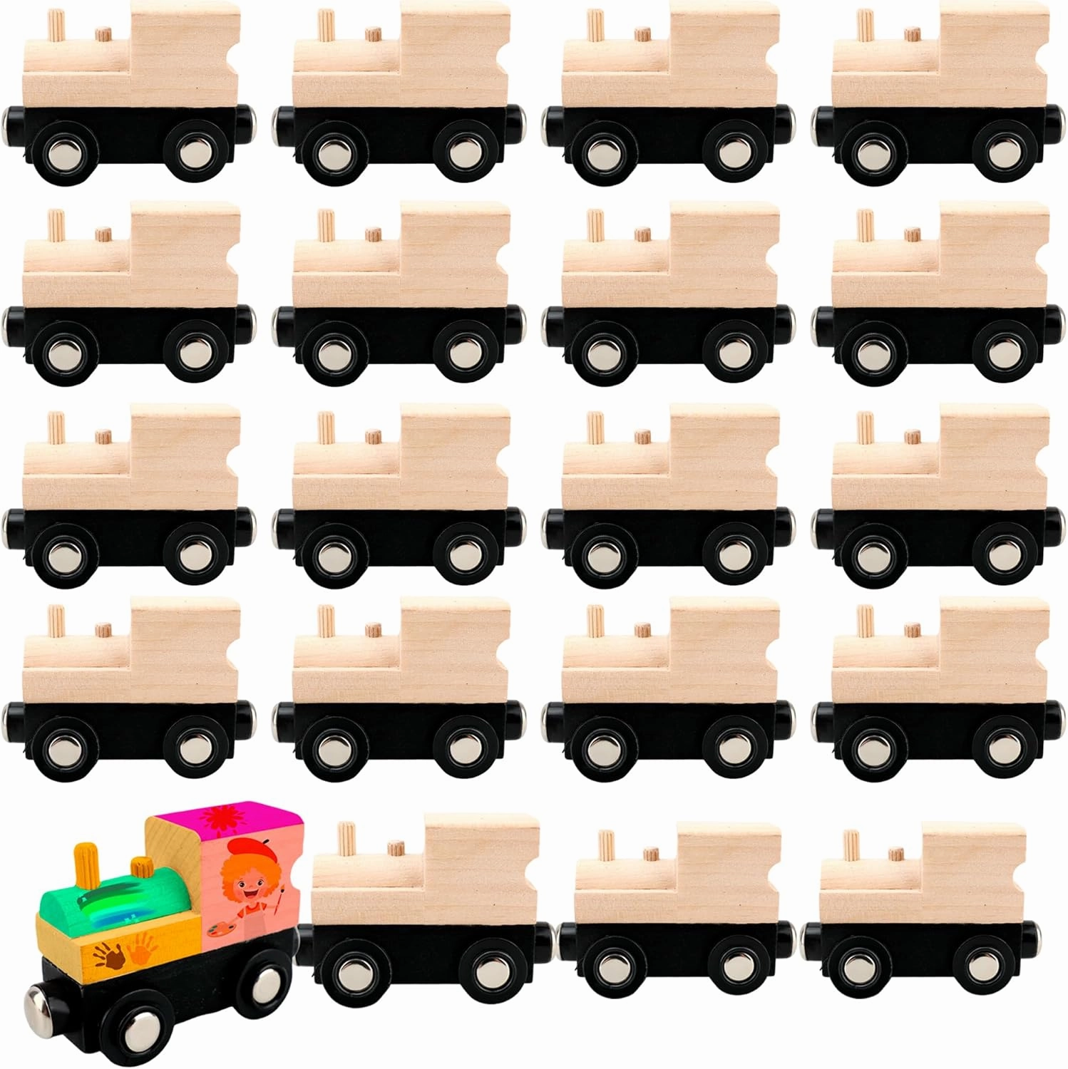 20 Pcs Unfinished DIY Wooden Trains to Paint Magnetic Wooden Trains Wood Train Cars for Train Party Decorations Crafts Painting Project