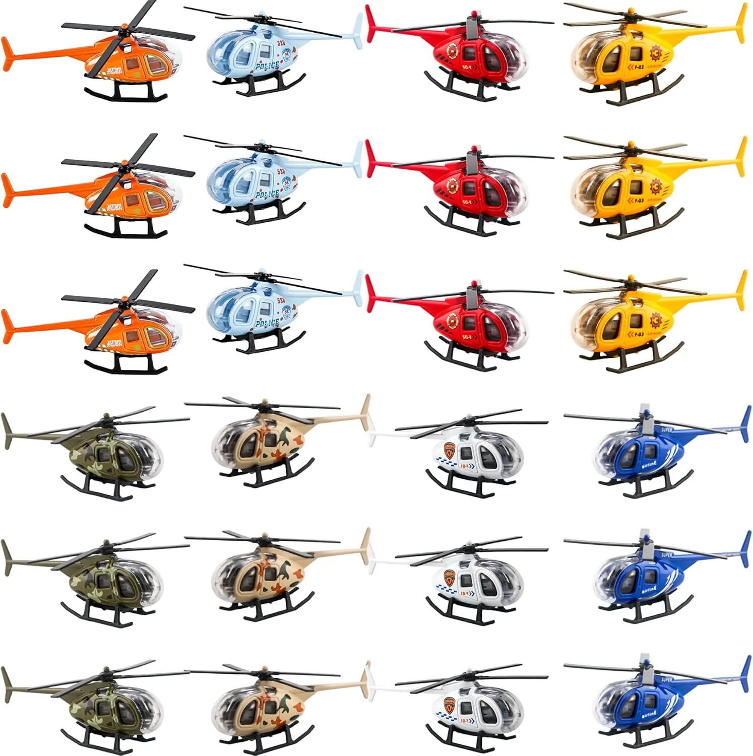 24 Pack Diecast Helicopters Small Police Fire Engineering Military Helicopter Model Toy with Spinning Propellers for Kids Birthday Children's Day Gifts Classroom Rewards