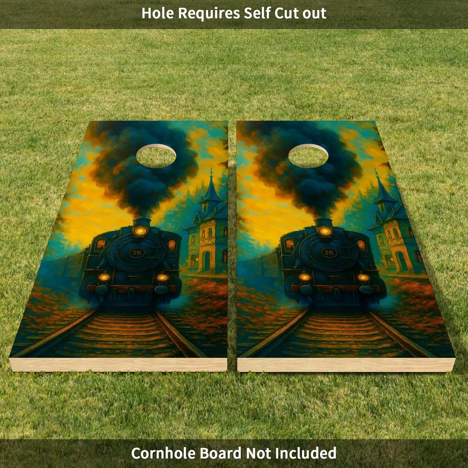 24inx48in Cornhole Board Decals for Outdoor Games Themed Vinyl Skins Weather-Resistant Cornhole Wrap Set for Family Backyard Fun Parties Decorative Game Stickers Set of 2 Twilight Train