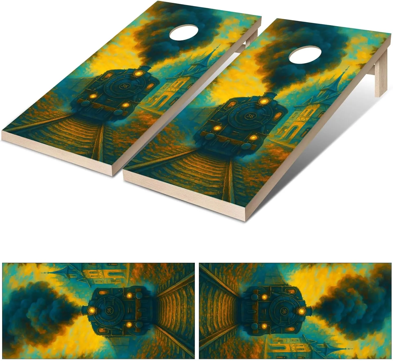 24inx48in Cornhole Board Decals for Outdoor Games Themed Vinyl Skins Weather-Resistant Cornhole Wrap Set for Family Backyard Fun Parties Decorative Game Stickers Set of 2 Twilight Train
