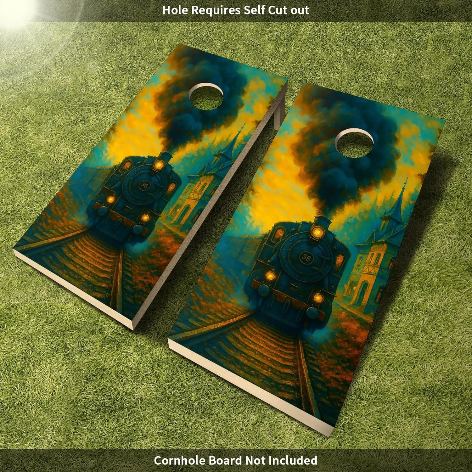 24inx48in Cornhole Board Decals for Outdoor Games Themed Vinyl Skins Weather-Resistant Cornhole Wrap Set for Family Backyard Fun Parties Decorative Game Stickers Set of 2 Twilight Train