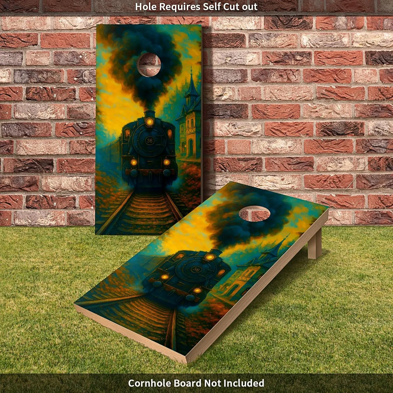 24inx48in Cornhole Board Decals for Outdoor Games Themed Vinyl Skins Weather-Resistant Cornhole Wrap Set for Family Backyard Fun Parties Decorative Game Stickers Set of 2 Twilight Train