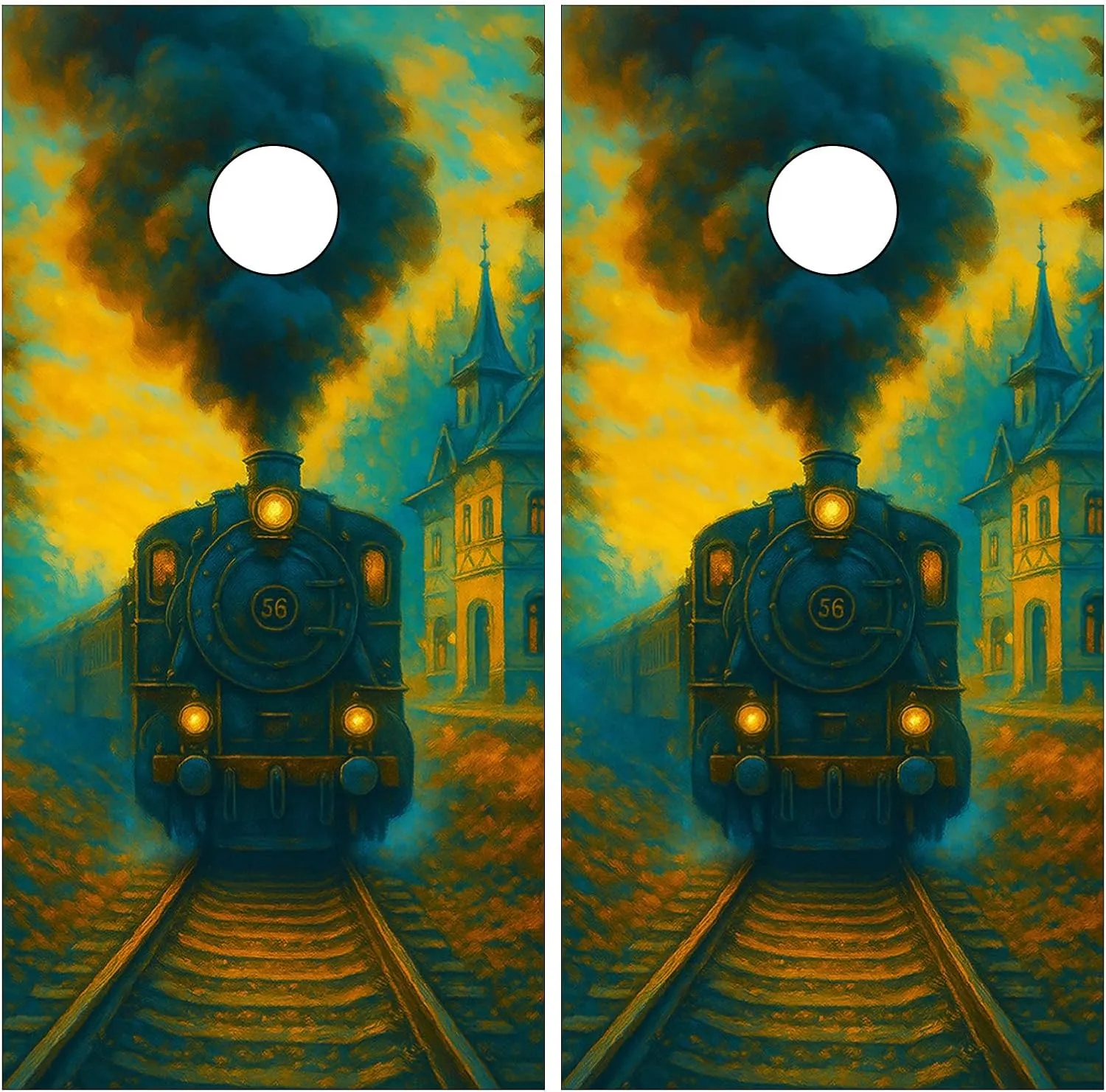 24inx48in Cornhole Board Decals for Outdoor Games Themed Vinyl Skins Weather-Resistant Cornhole Wrap Set for Family Backyard Fun Parties Decorative Game Stickers Set of 2 Twilight Train