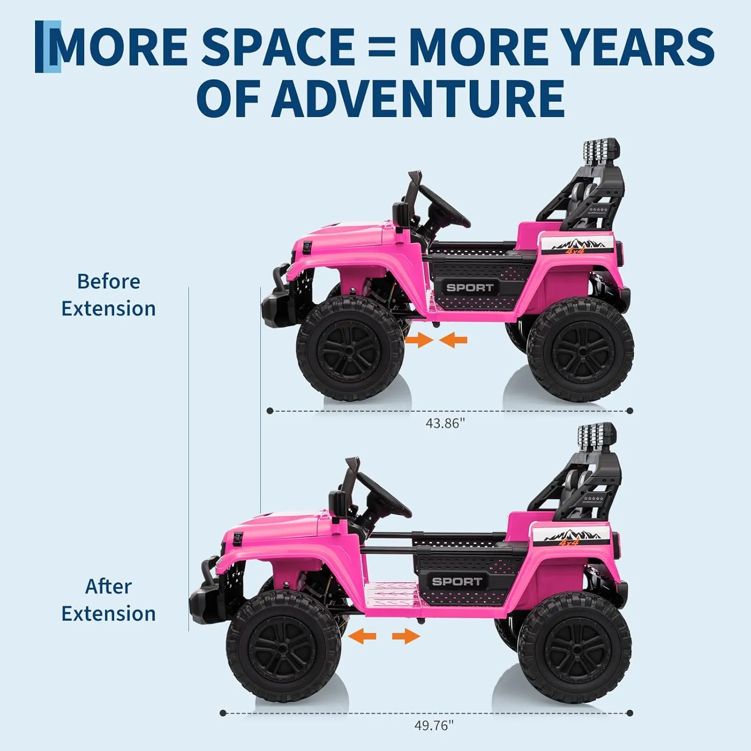 24V Ride On Toys for Big Kids, 2 Seater Ride on Car, 4WD Extend Car Body, 3 Adjustable Speeds for Ages 3 , Built-in Music Player, Kids Electric Ride On Toys with Easy Assembly, Pink