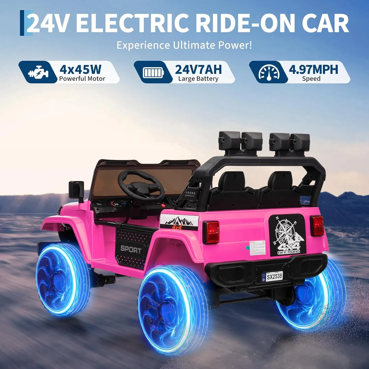 24V Ride On Toys for Big Kids, 2 Seater Ride on Car, 4WD Extend Car Body, 3 Adjustable Speeds for Ages 3 , Built-in Music Player, Kids Electric Ride On Toys with Easy Assembly, Pink