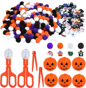 260pcs Halloween Fine Motor Sensory Bin Filler Set, Sensory Bin Tools 200 Pom Pom 50 Resin Figurines 6 Pumpkin Sorting Cup with Shovel Spoon for Counting Training Development DIY Crafts Party Decor