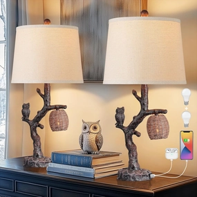 27" Rustic Farmhouse Table Lamps Set of 2, 3-Way Lighting Modes Bedside Table Lamps for Bedroom with Nightlight, Owl Lamp for Living Room with USB C A, Night Stand Lamps for Western Cottage Decor