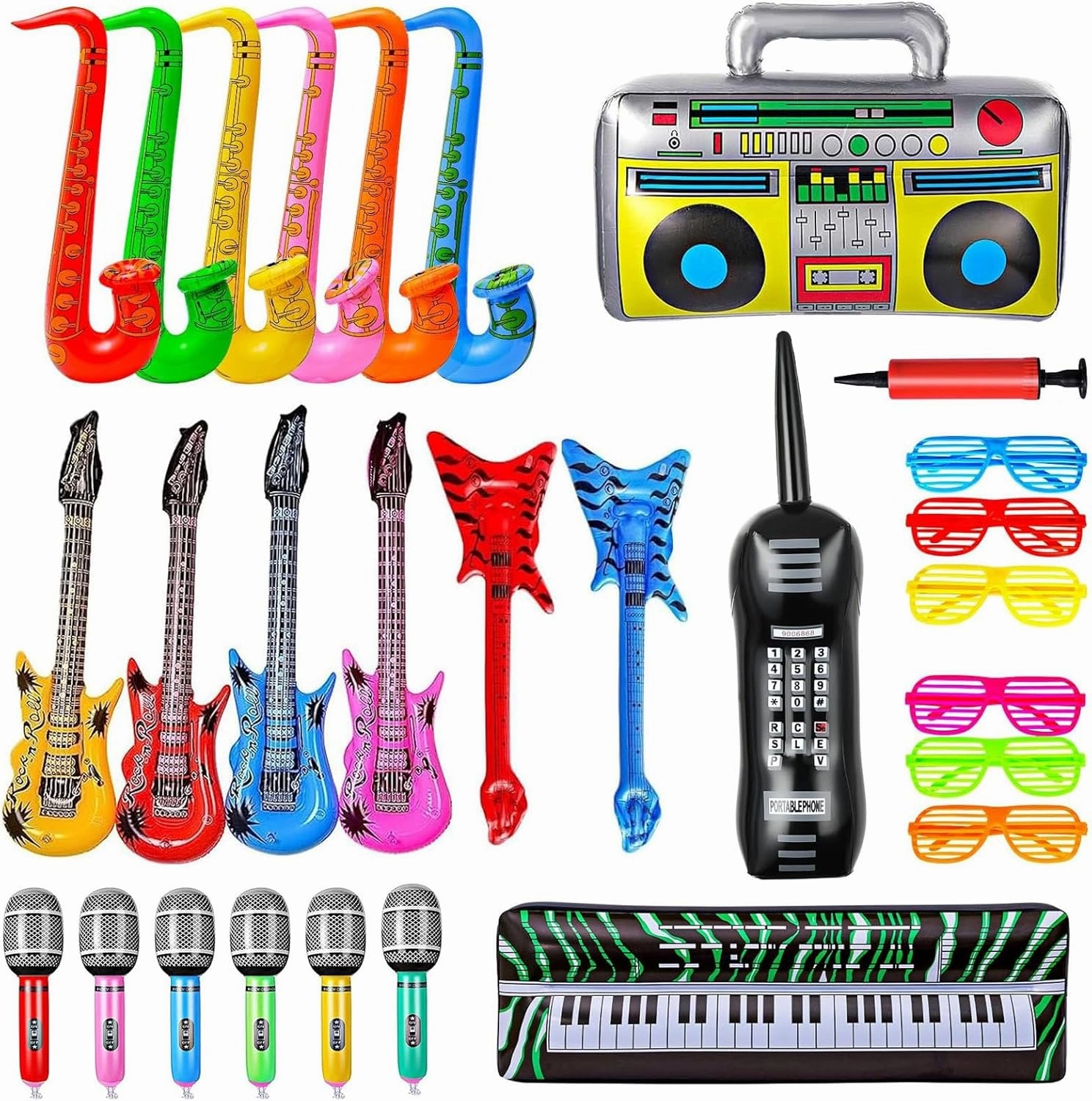 28 Pcs Inflatable Rock Star Playset, 80s 90s Props Decorations, Inflatable Guitar Rock and Roll Party Supplies, Fun Gifts for Carnival, Christmas Birthday Party
