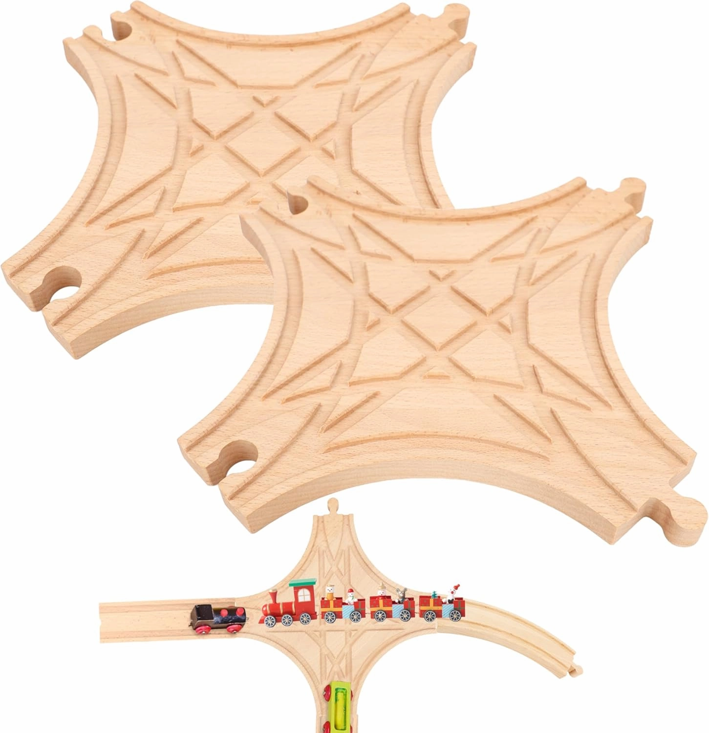 2 Pack Wooden Train Track Multi Way Switch Track Wood Train Track Expansion Accessories for Most Major Toy Trains Railway Table Activities Games