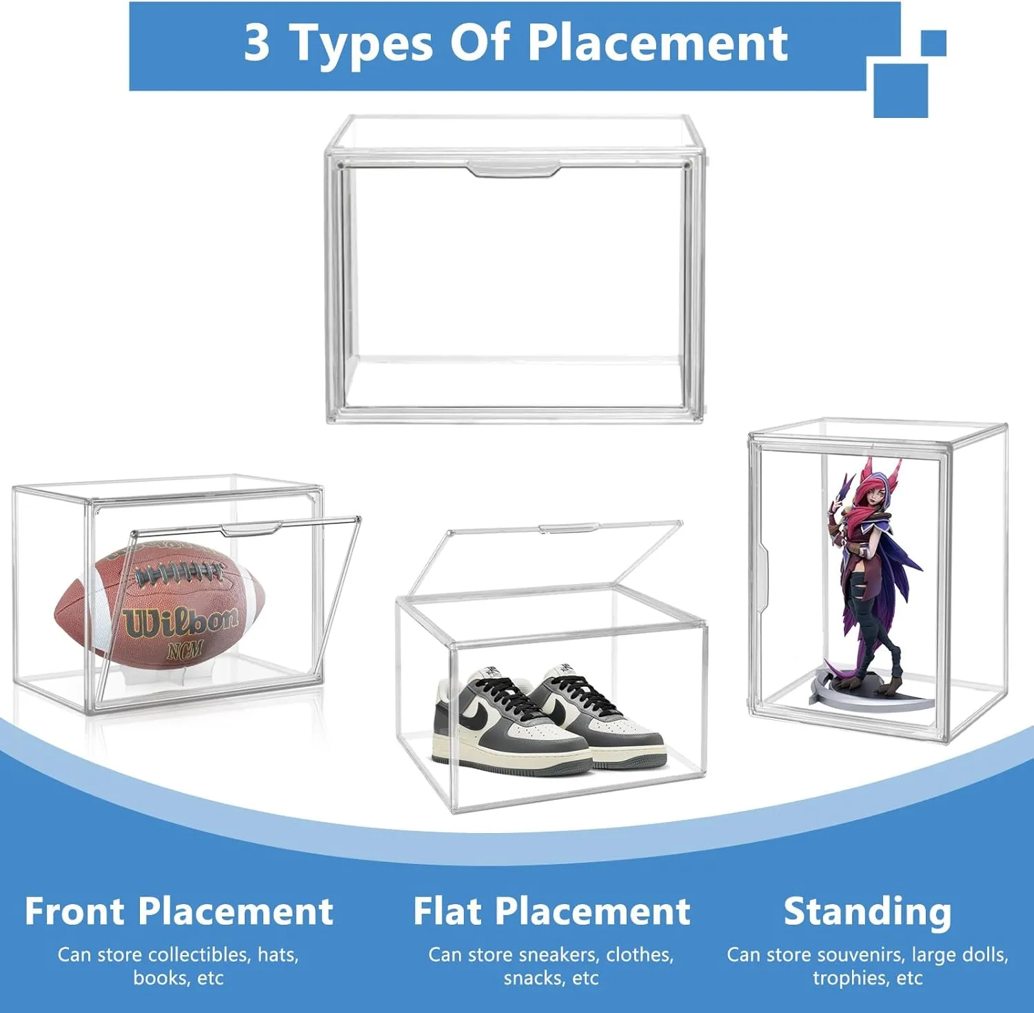 2PCS Clear Plastic Organizer for Handbags, Storage Box with Magnetic Door for Autographed Footballs, Memorabilia, Bag, Shoe, Models, Toy, Action Figure Organizer