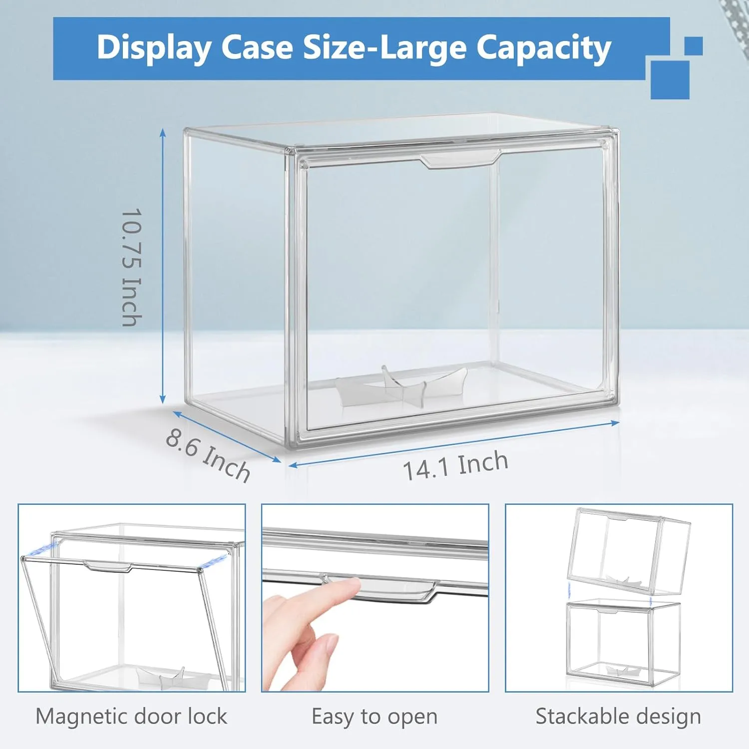 2PCS Clear Plastic Organizer for Handbags, Storage Box with Magnetic Door for Autographed Footballs, Memorabilia, Bag, Shoe, Models, Toy, Action Figure Organizer