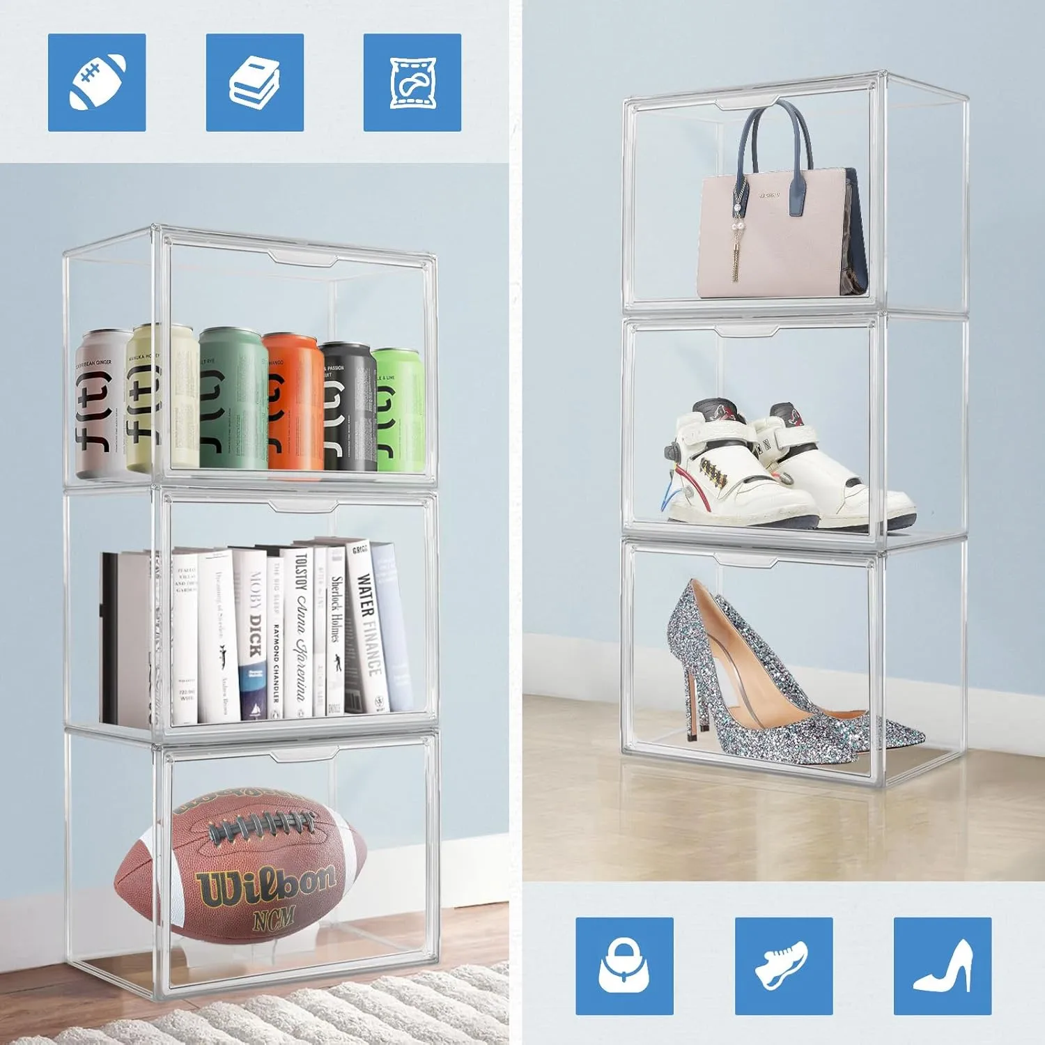 2PCS Clear Plastic Organizer for Handbags, Storage Box with Magnetic Door for Autographed Footballs, Memorabilia, Bag, Shoe, Models, Toy, Action Figure Organizer