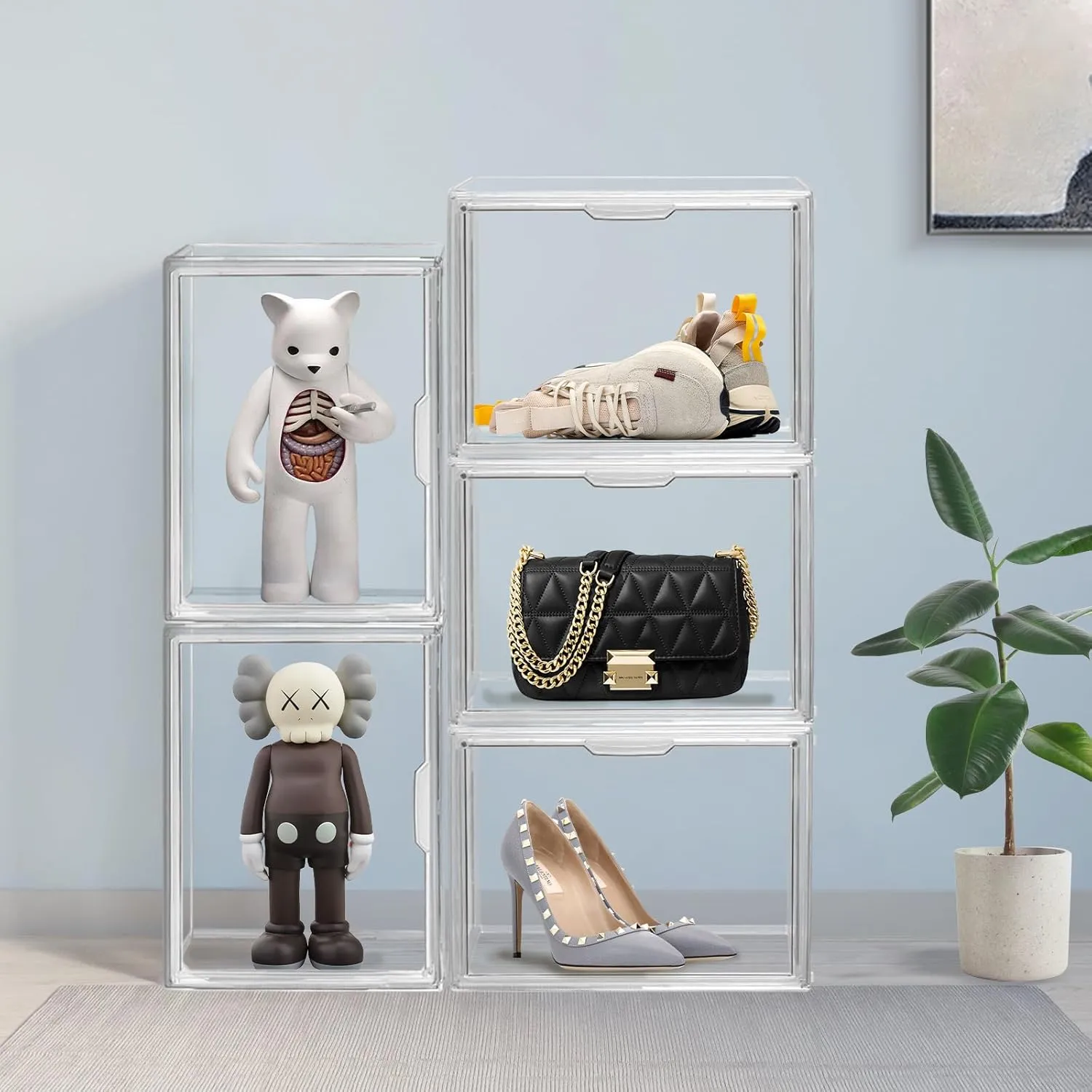 2PCS Clear Plastic Organizer for Handbags, Storage Box with Magnetic Door for Autographed Footballs, Memorabilia, Bag, Shoe, Models, Toy, Action Figure Organizer