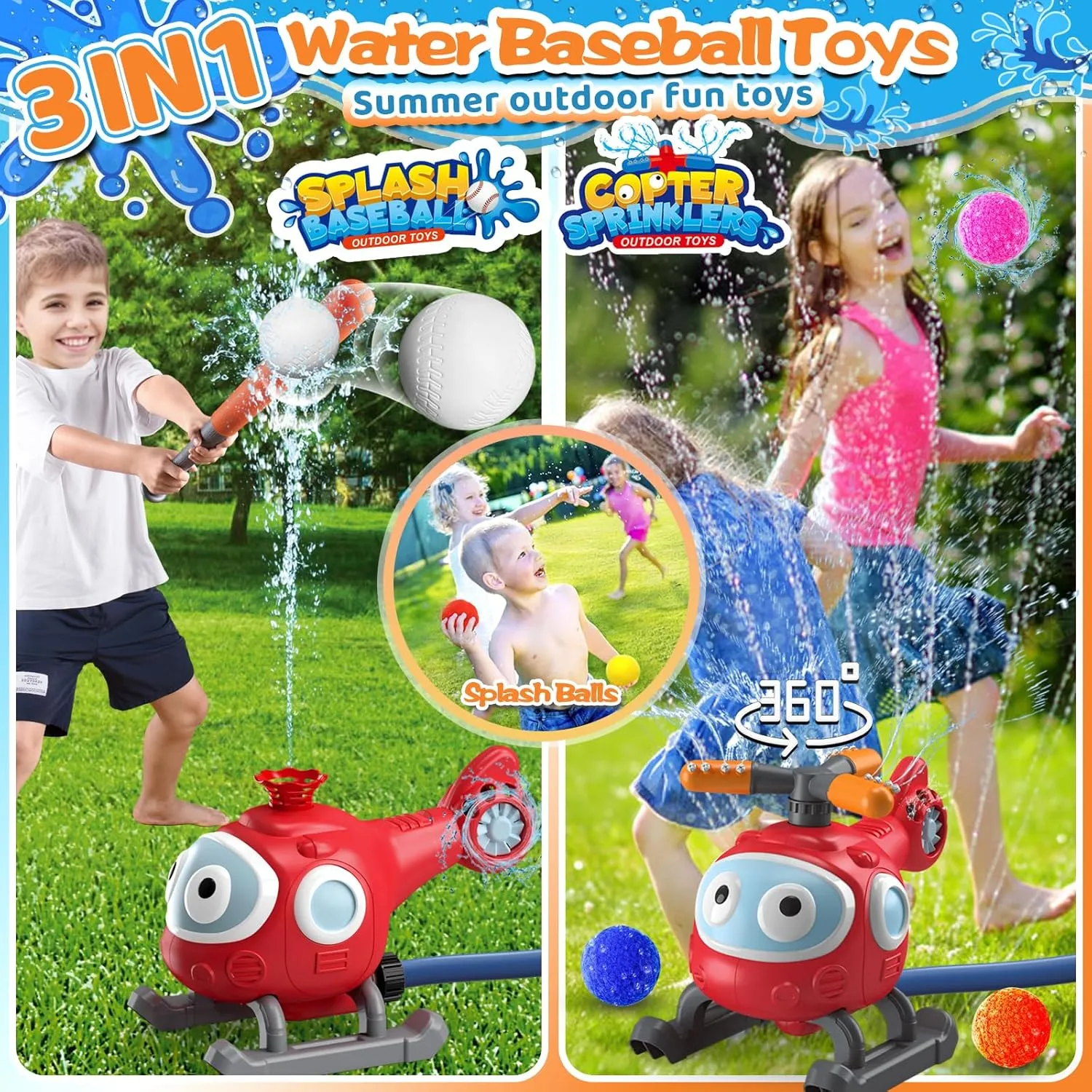 3-in-1 Water Sprinkler Baseball Toy, Helicopter Sprinklers Set with 2 Spray Modes & Water Balls, Summer Outdoor Water Toys for Kids Backyard Games Lawn Pool, Ages 3 