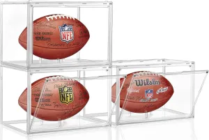 3 Pack Football Display Case, KKU Acrylic Clear Football Case Full Size with Magnetic Door, Professional Memorabilia Football Display Boxes Football Holder Dust and UV Protection